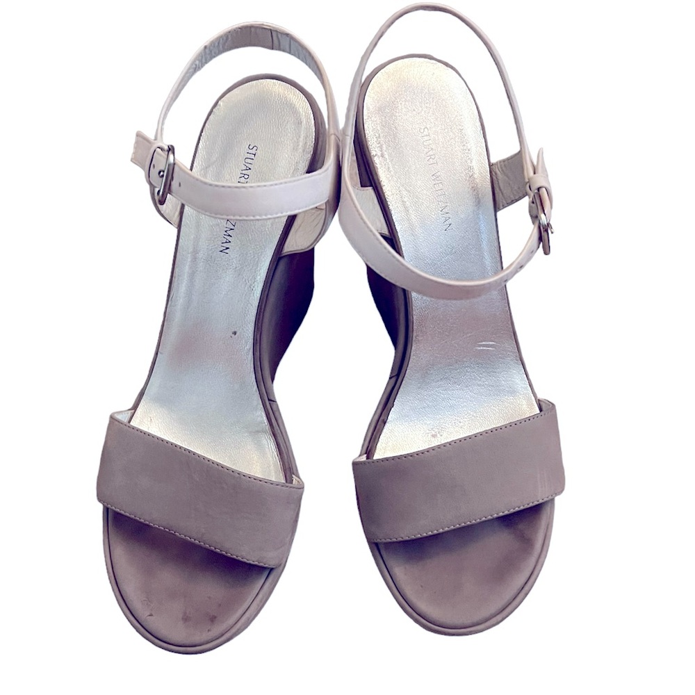 Stuart Weitzman Taupe Suede Platform Wedge Sandal… - image 3